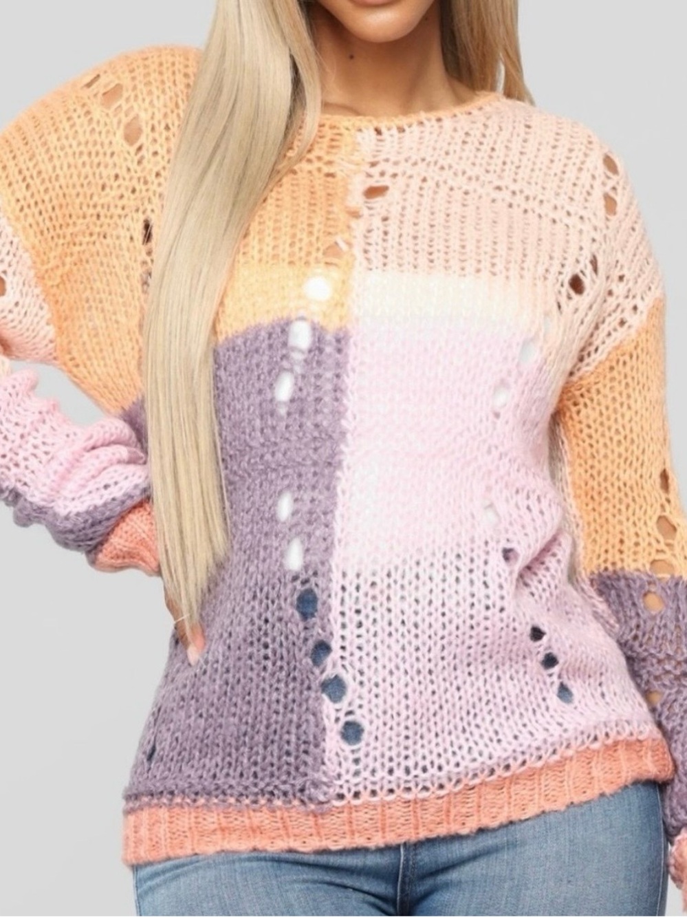 New Distressed Soft Lightweight Color Block Knit Sweater - Women’s Small (3/5)